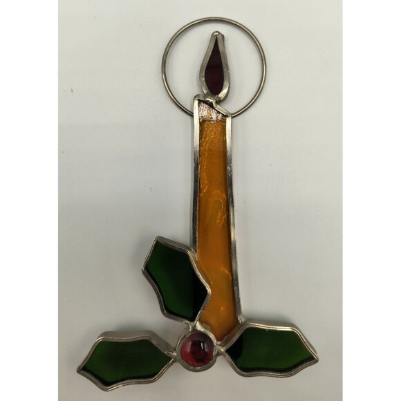 Vintage Stained Glass Candle Ornament With Holly Leaves & Red Berry - Picture 1 of 2